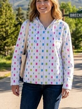 breckenridge White Zip Hoodie with Multicolor Rectangle Print